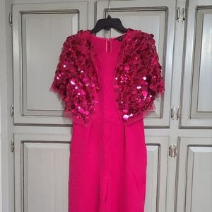 Stunning RED pantsuit with sequined clear jacket